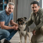 Portraits de Zak George et Cesar Millan, deux experts en éducation canine aux méthodes contrastées, en pleine séance de dressage avec un chien obéissant et équilibré