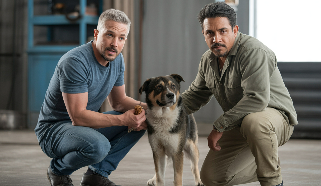 Portraits de Zak George et Cesar Millan, deux experts en éducation canine aux méthodes contrastées, en pleine séance de dressage avec un chien obéissant et équilibré