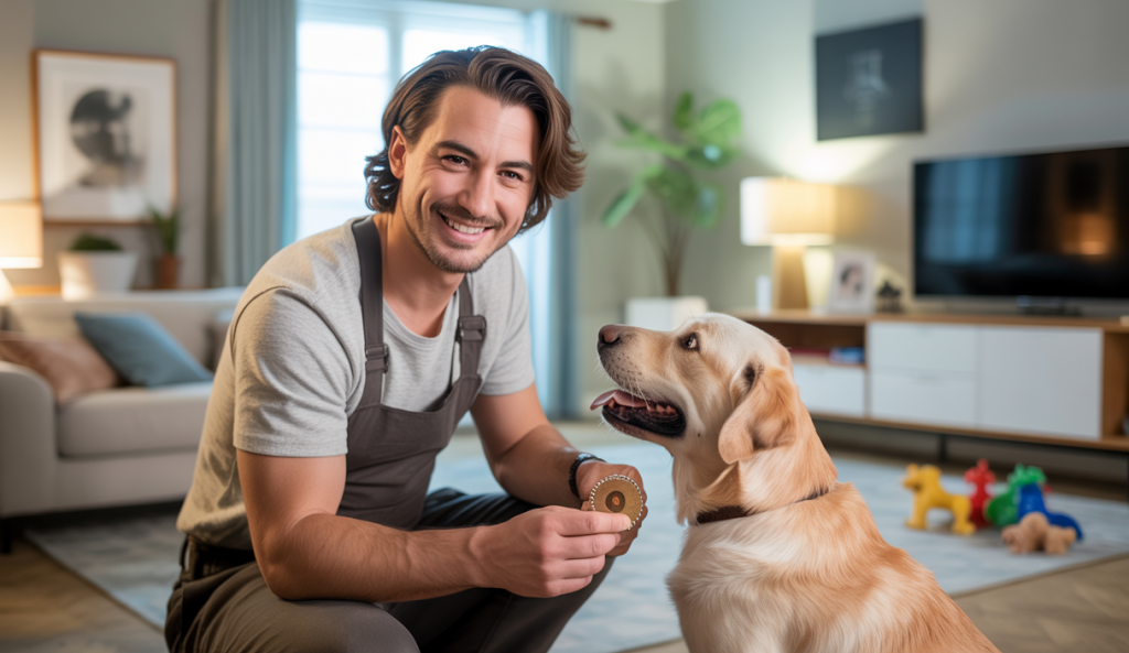 Zak George en train de dresser un chiot en utilisant des méthodes positives pour éviter les comportements destructeurs avec un environnement domestique harmonieux