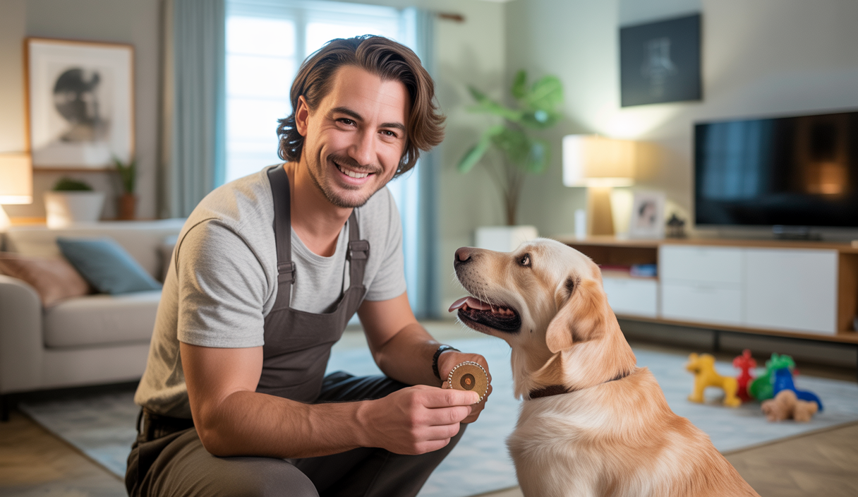 Zak George en train de dresser un chiot en utilisant des méthodes positives pour éviter les comportements destructeurs avec un environnement domestique harmonieux