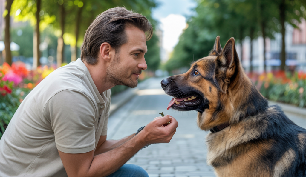 Propriétaire calmant un chien agressif avec des techniques de renforcement positif dans un cadre naturel