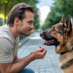 Propriétaire calmant un chien agressif avec des techniques de renforcement positif dans un cadre naturel