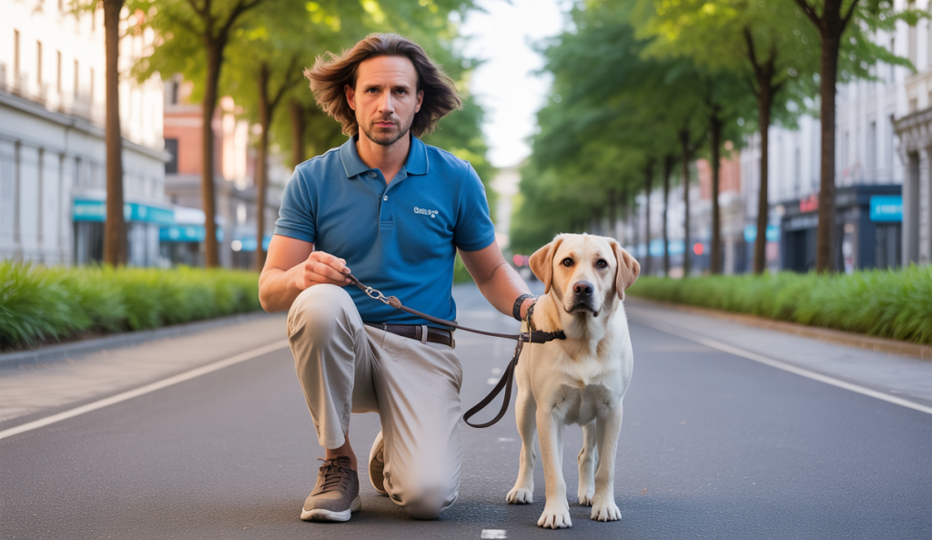 Un éducateur canin professionnel entraînant un chien labrador beige lors d'une promenade en ville calme, illustrant la méthode 2-Second Stop de Zak George pour un contrôle renforcé de la marche au pied.