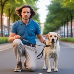 Un éducateur canin professionnel entraînant un chien labrador beige lors d'une promenade en ville calme, illustrant la méthode 2-Second Stop de Zak George pour un contrôle renforcé de la marche au pied.