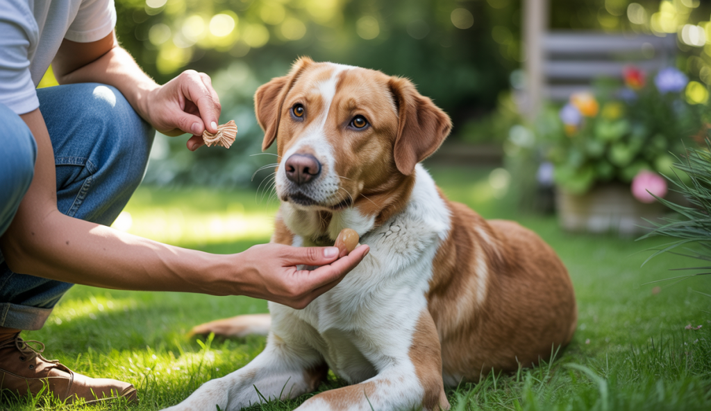 Maître entraînant son chien à obéir à la commande 'stay' dans un jardin ensoleillé, avec patience et méthodes positives