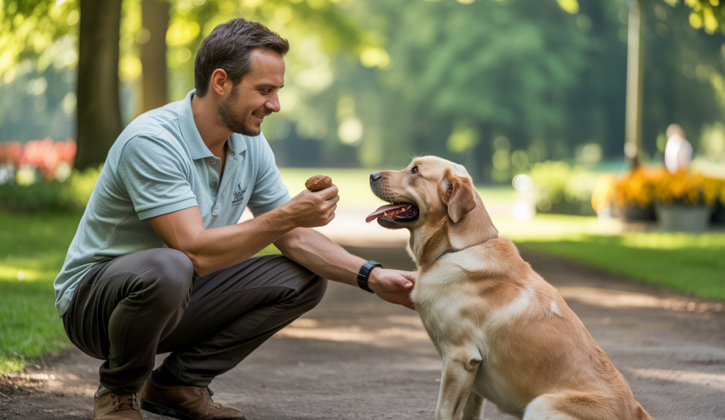 Un maître éduquant son chien avec des techniques de renforcement positif dans un parc lumineux et accueillant