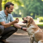 Un maître éduquant son chien avec des techniques de renforcement positif dans un parc lumineux et accueillant
